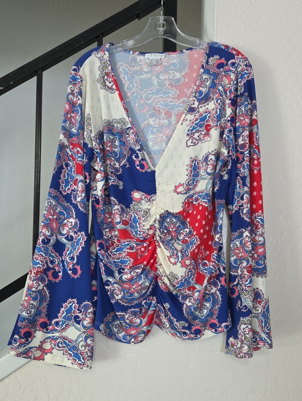 VENUS Blue, Red & Cream Paisley Ruched Front Long Sleeve Top Size XL